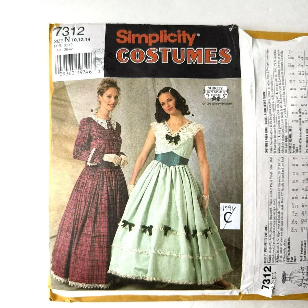 Simplicity 7312 Victorian Dress Hooded Cloak Cosplay Reenactment Pattern 10-14
